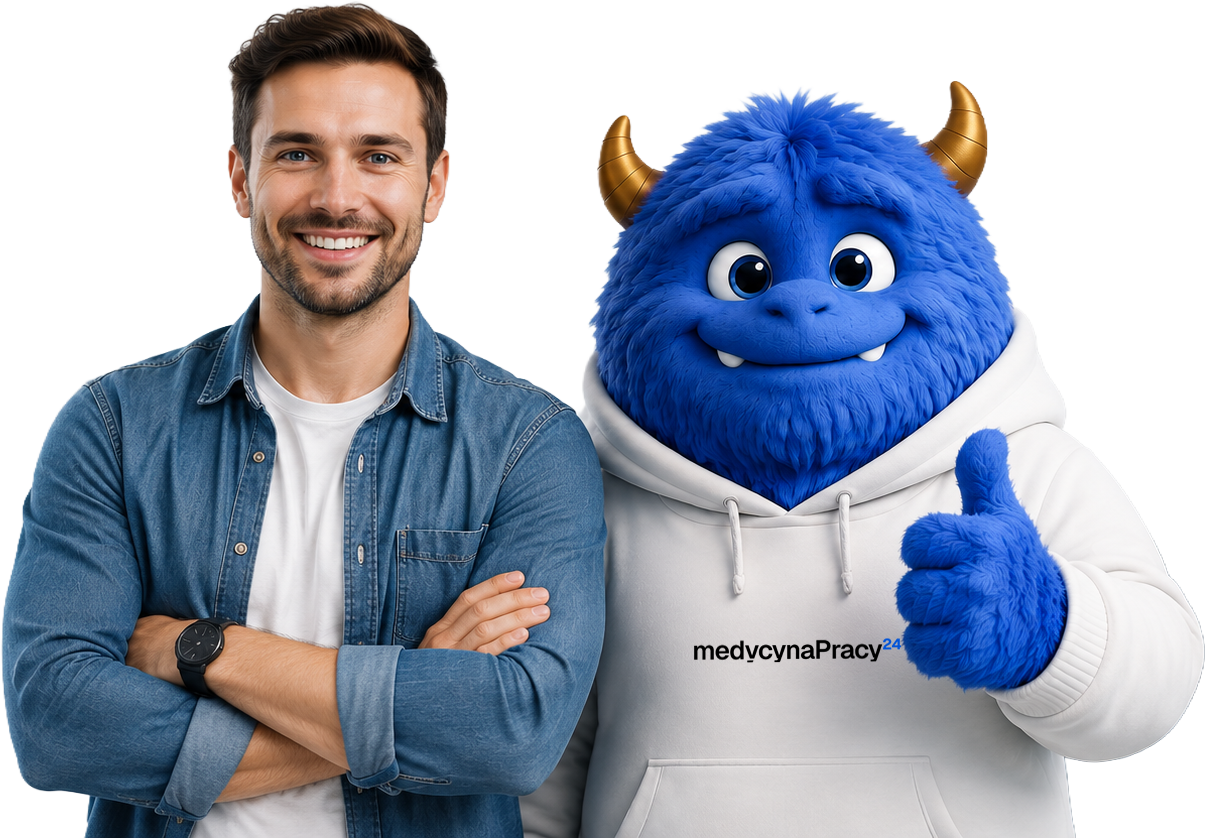 Medycyna pracy bez stresu — pacjent i Milo, maskotka medycynapracy24.pl
