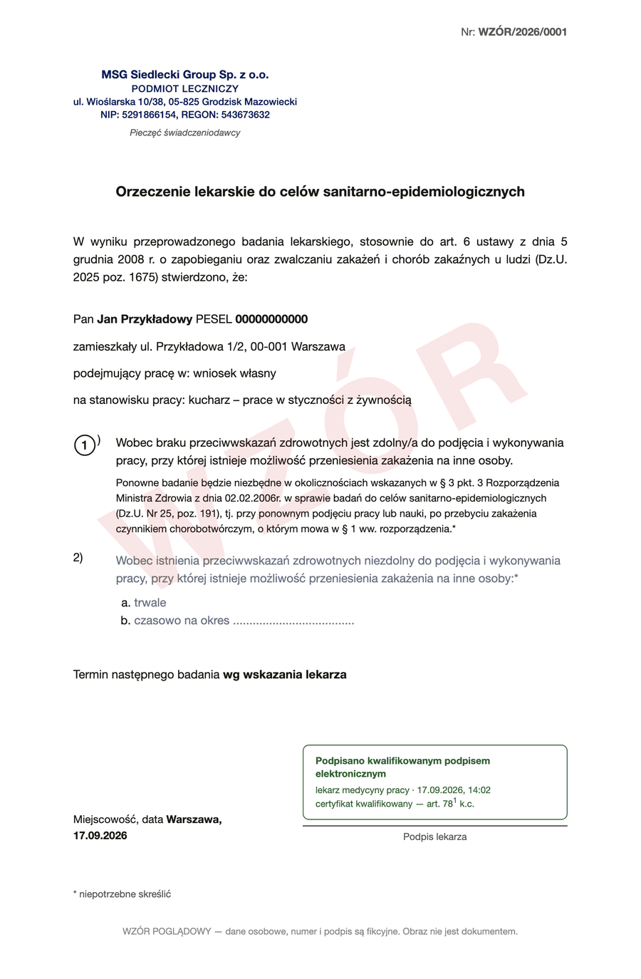 Wzór orzeczenia lekarskiego do celów sanitarno-epidemiologicznych z kwalifikowanym podpisem elektronicznym – dane fikcyjne